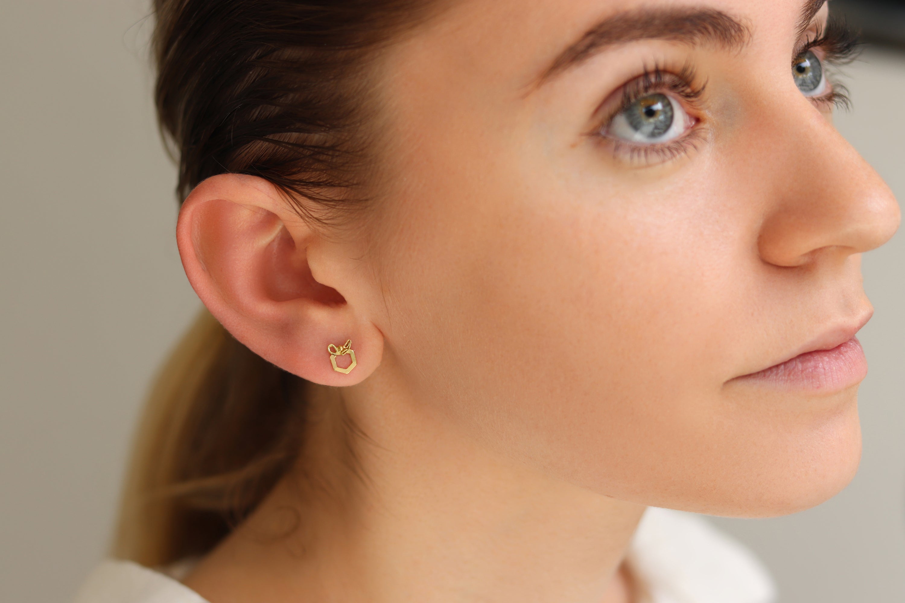Geometric Honeycomb Hexagon CZ Stud Earrings for Men, 14K